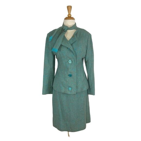 Crombie M Blue Skirt Suit 60s 70s  Scarf Collar VTG Tweed Librarian Scotland - Picture 1 of 15